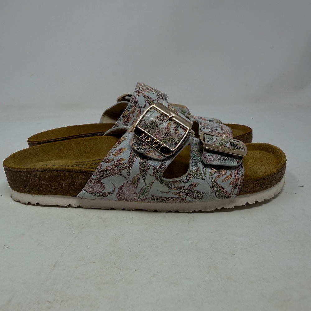 Naot Sandals Womens 38 Santa Barbara Floral White Leather Buckle Slide EUC